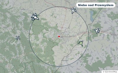 Mapa okolic miasta z sylwetkami samolotów — Niebo nad Przemyślem na żywo