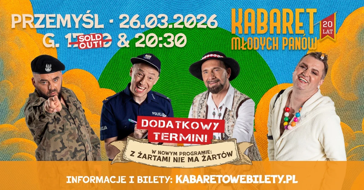 Grafika promocyjna wydarzenia 20-lecie Kabaretu Młodych Panów w Przemyślu z premierowym programem