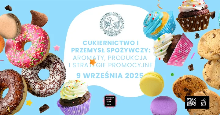 Obrazek przedstawia grafikę promocyjną wydarzenia Innowacje i aromaty w cukiernictwie — spotkanie ekspertów w ramach Warsaw Sweet Tech