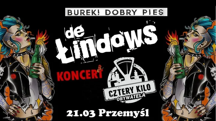Grafika promocyjna wydarzenia De Łindows + Burek! Dobry Pies + Cztery Kilo Obywatela — Przemyśl, Fort XXII (trasa „Pożar w Burdelu”)