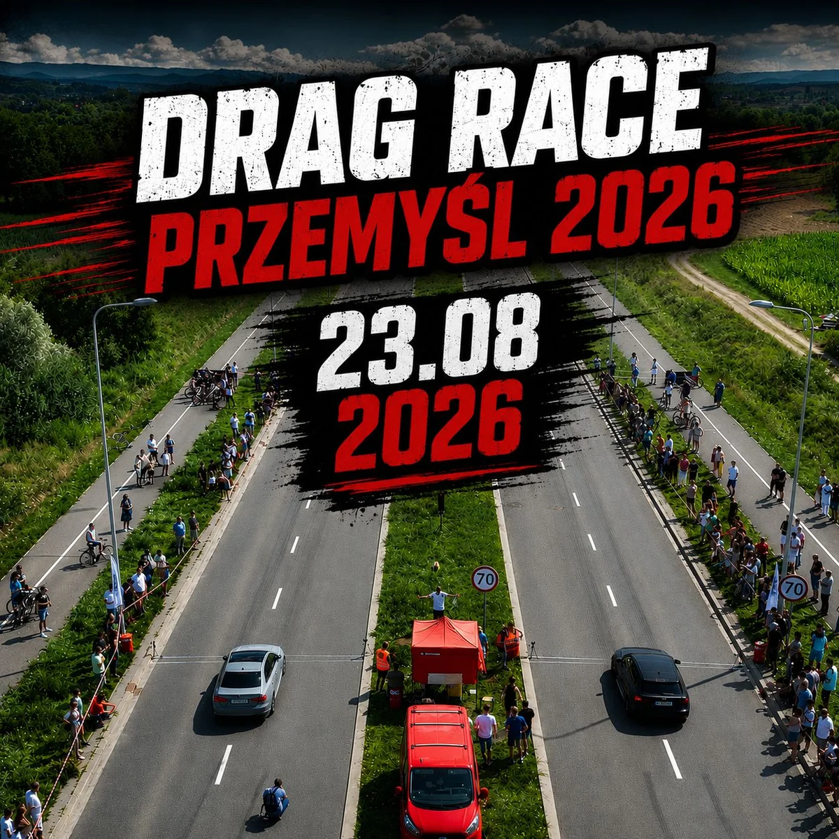 Grafika promocyjna wydarzenia Drag Race Przemyśl 2026: wyścigi na 1/4 mili wracają na Aleję Żołnierzy Wyklętych