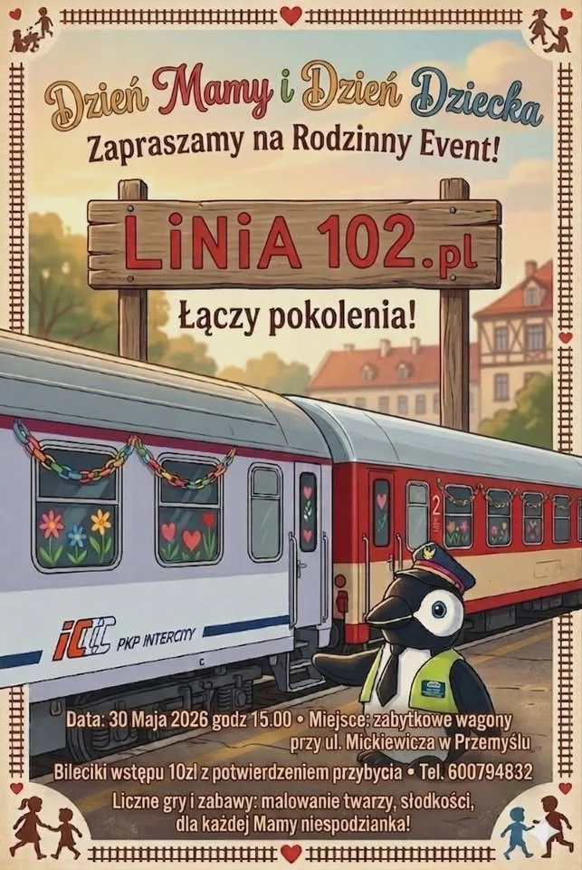 Grafika promocyjna wydarzenia Dzień Mamy i Dzień Dziecka z linia102.pl w Przemyślu