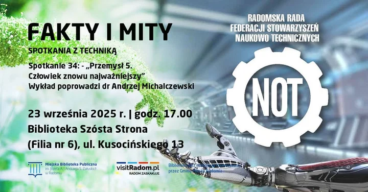 Obrazek przedstawia grafikę promocyjną wydarzenia Wykład: Przemysł 5 — rola człowieka w nowej technologii