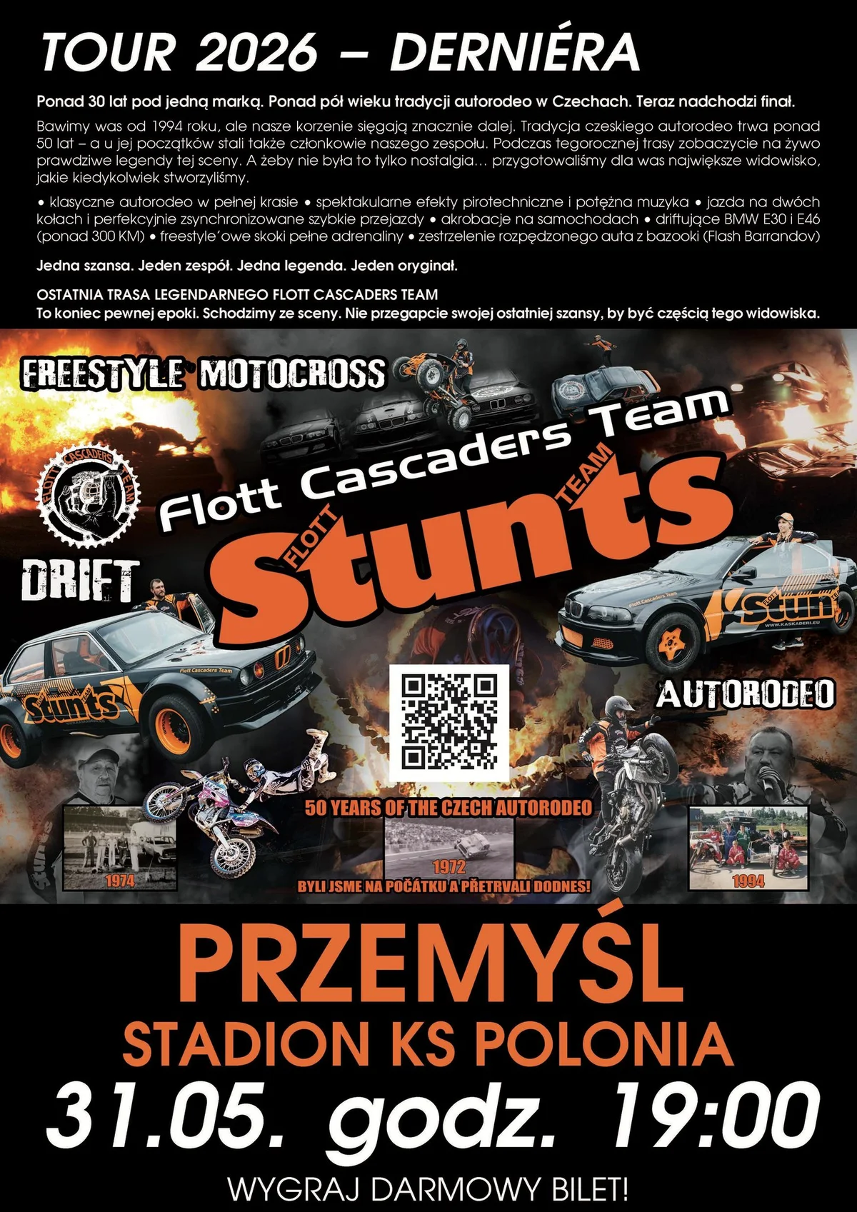 Grafika promocyjna wydarzenia Flott Cascaders Team w Przemyślu – pokaz aut i motocykli z trasy TOUR 2026 DERNIÈRA