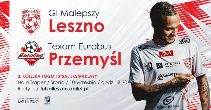 Obrazek przedstawia grafikę promocyjną wydarzenia Mecz FOGO Futsal Ekstraklasy: GI Malepszy Leszno kontra Texom Eurobus Przemyśl