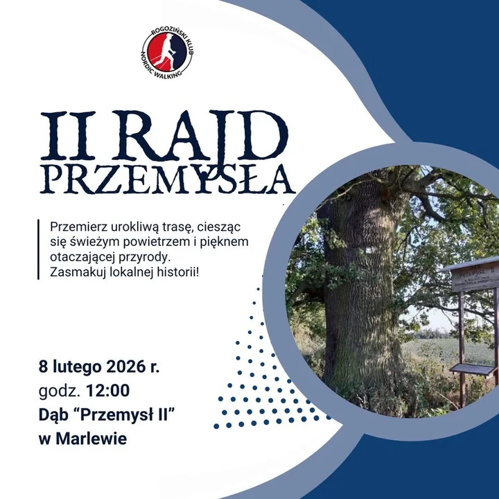 Grafika promocyjna wydarzenia II Rajd Przemysła – zimowy nordic walking i ognisko pod dębem