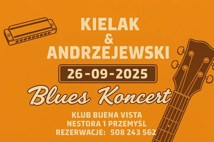 Obrazek przedstawia grafikę promocyjną wydarzenia Duet harmonijki i gitary: koncert Kielaka i Andrzejewskiego w Przemyślu