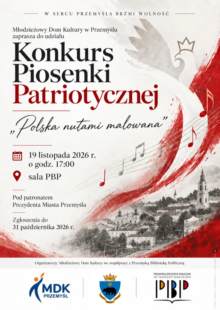 Grafika promocyjna wydarzenia Konkurs Piosenki Patriotycznej „Polska nutami malowana” – finał