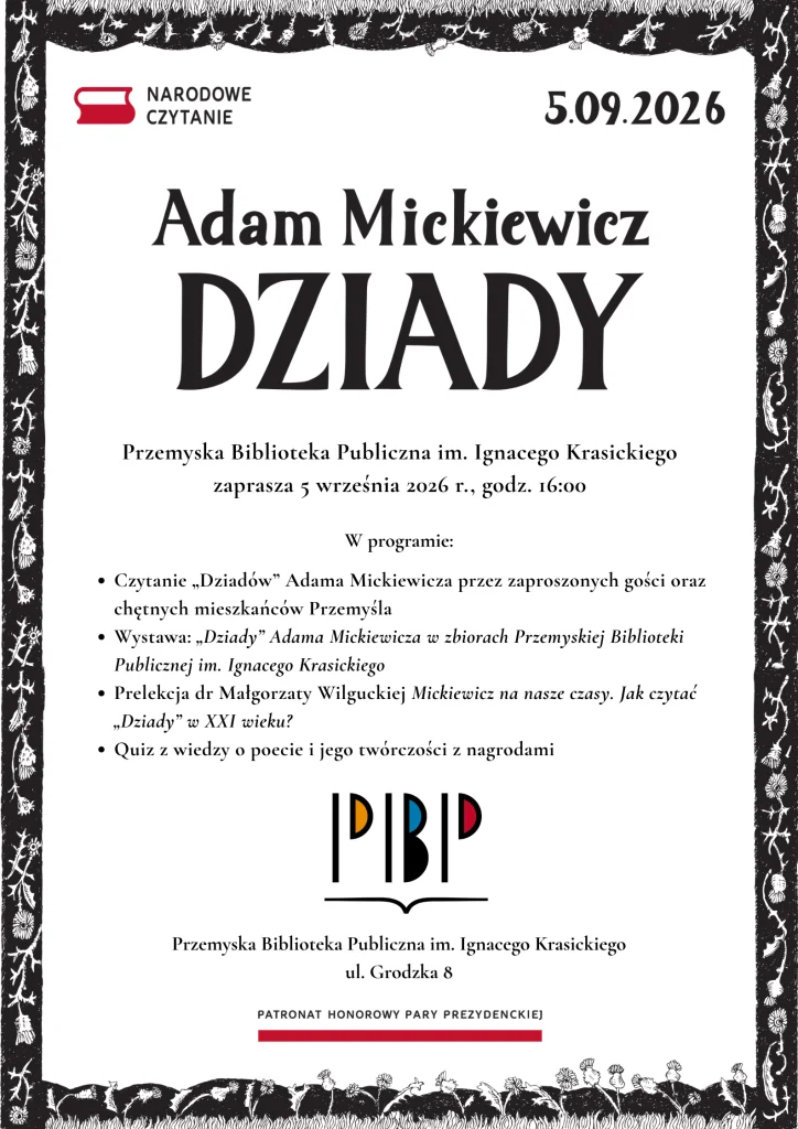 Grafika promocyjna wydarzenia Narodowe Czytanie „Dziadów” Adama Mickiewicza