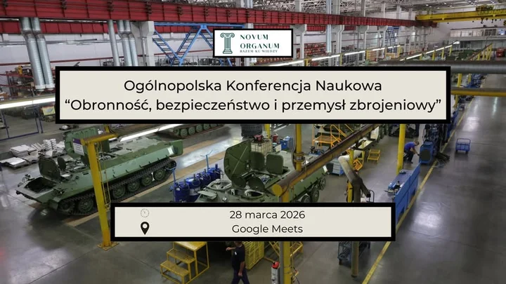 Grafika promocyjna wydarzenia Ogólnopolska Konferencja Naukowa Obronność, bezpieczeństwo i przemysł zbrojeniowy — online, 28 marca 2026