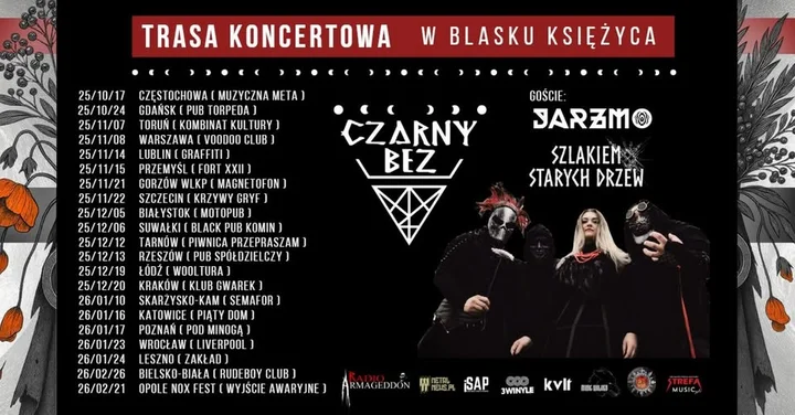 Obrazek przedstawia grafikę promocyjną wydarzenia Koncerty: Czarny Bez, Jarzmo i Szlakiem Starych Drzew w Forcie XXII w Przemyślu