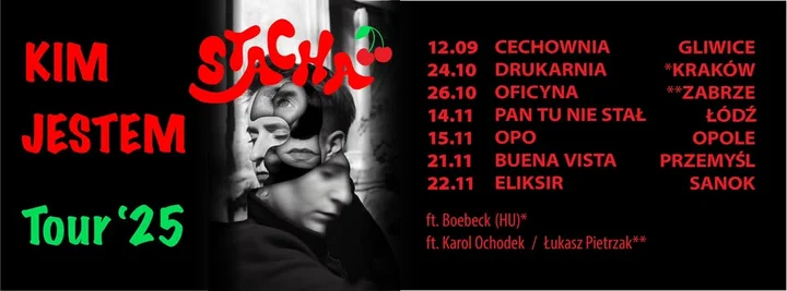Obrazek przedstawia grafikę promocyjną wydarzenia Koncert Stachy w Przemyślu — trasa „Kim Jestem Tour”