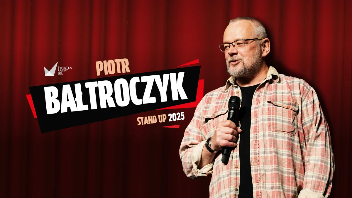 Grafika promocyjna wydarzenia Stand-up Piotra Bałtroczyka w Przemyślu