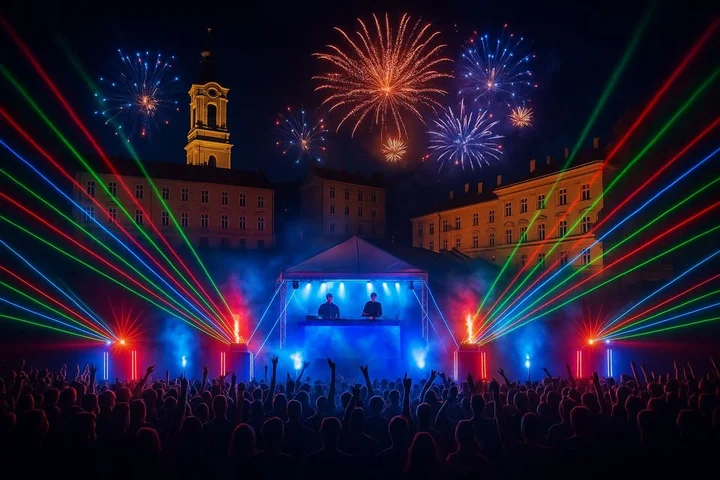 Grafika promocyjna wydarzenia Sylwester Pod Gwiazdami 2026 — powitanie Nowego Roku na Rynku w Przemyślu