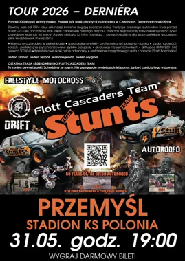 Grafika promocyjna wydarzenia Flott Cascaders Team w Przemyślu – pokaz aut i motocykli z trasy TOUR 2026 DERNIÈRA