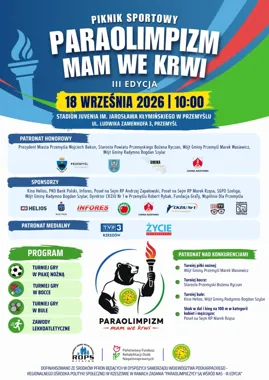 Grafika promocyjna wydarzenia III edycja Pikniku Sportowego „Paraolimpizm mam we krwi”
