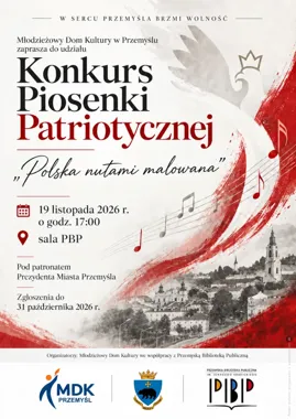 Grafika promocyjna wydarzenia Konkurs Piosenki Patriotycznej „Polska nutami malowana” – finał