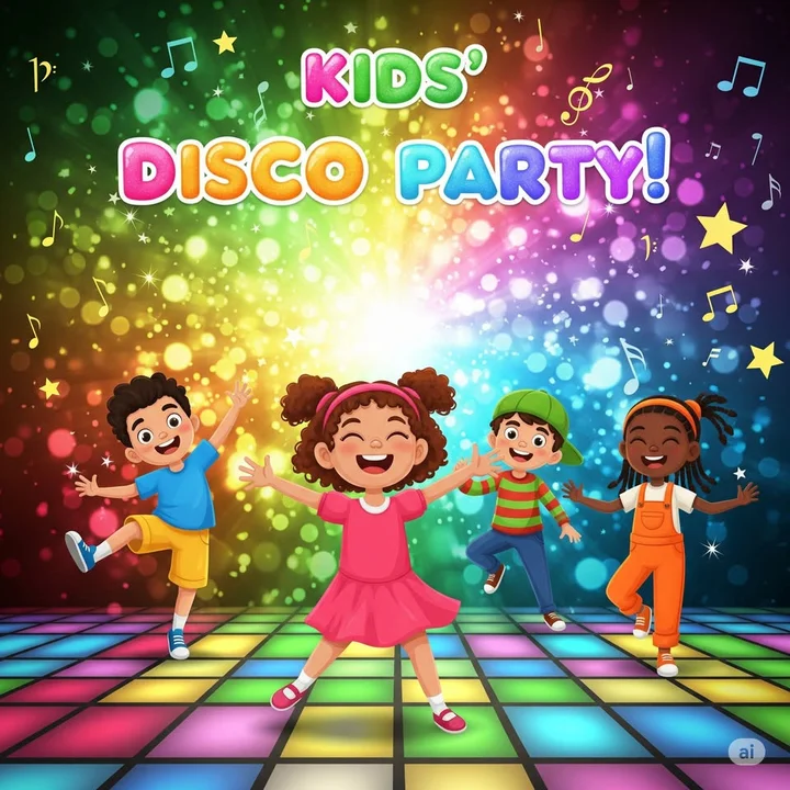 Obrazek przedstawia grafikę promocyjną wydarzenia DISCO KIDS — zabawa taneczna dla dzieci w Klubie Japa