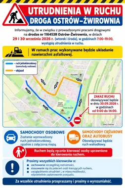 Utrudnienia na drodze Ostrów–Żwirownia. Prace potrwają dwa dni