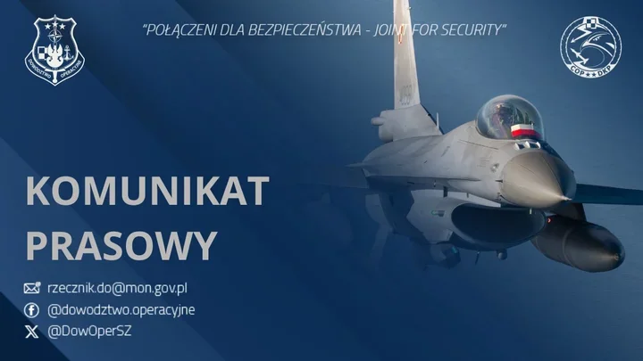 Polski myśliwiec F-16 w locie na tle nieba, użyty jako ilustracja komunikatu prasowego Dowództwa Operacyjnego.
