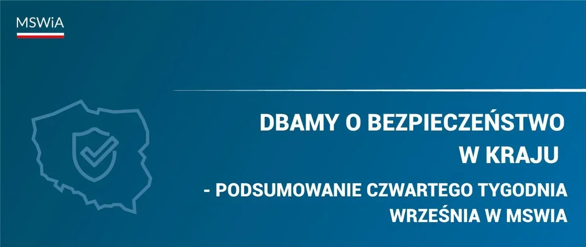 Grafika Ministerstwa Spraw Wewnętrznych i Administracji zapowiadająca podsumowanie czwartego tygodnia września dotyczące bezpieczeństwa w kraju.
