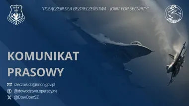 Grafika prasowa Dowództwa Operacyjnego z myśliwcami F-16 w locie, promująca komunikat pod hasłem "Połączeni dla bezpieczeństwa - Joint for Security".